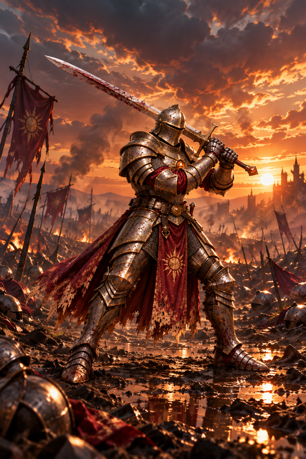 Knight on a sunset battlefield