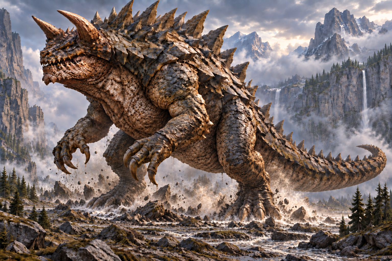 Armored mountain beast in a rocky valley