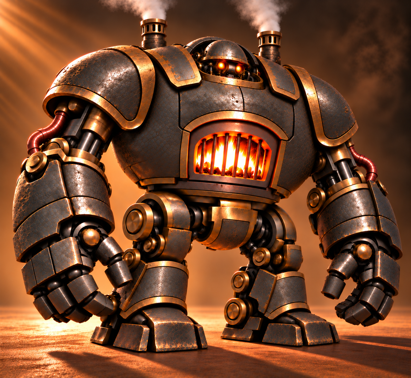 Steam golem in orange firelight