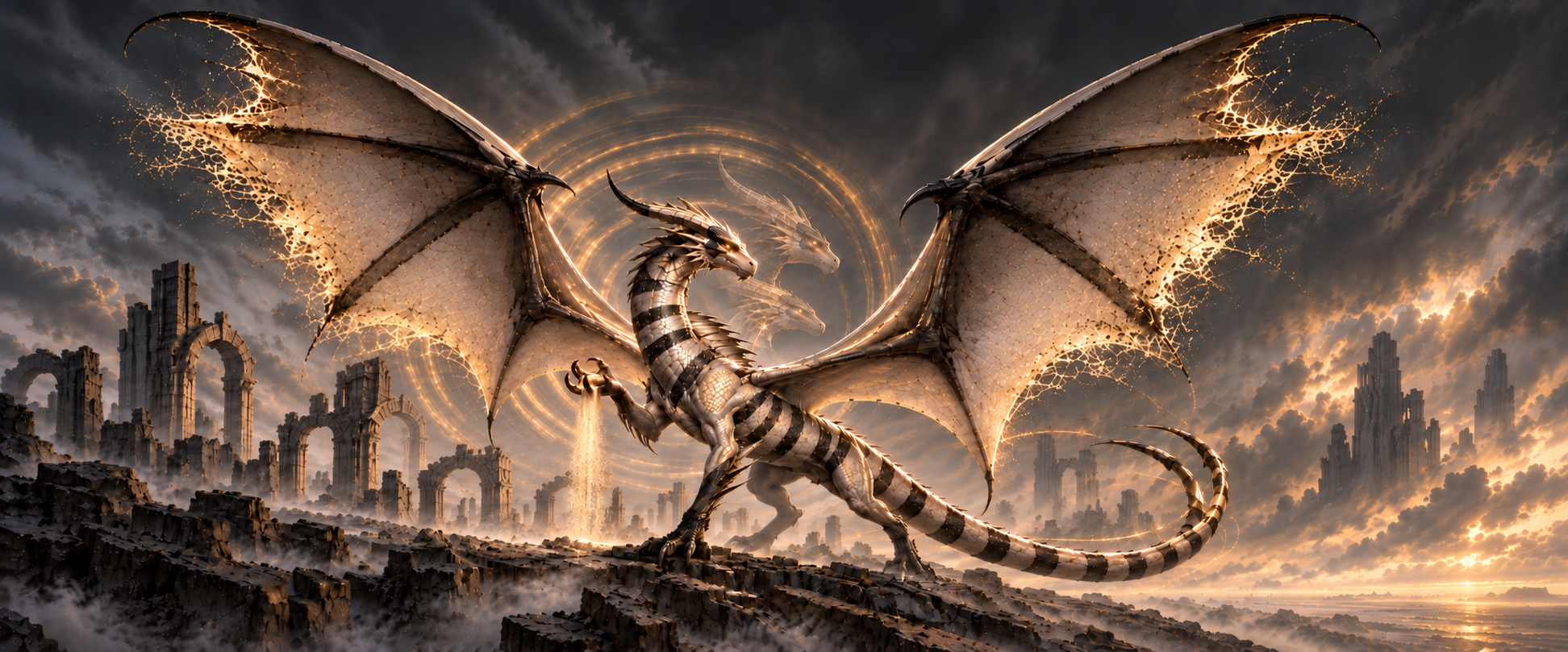Time dragon above ancient coastal ruins